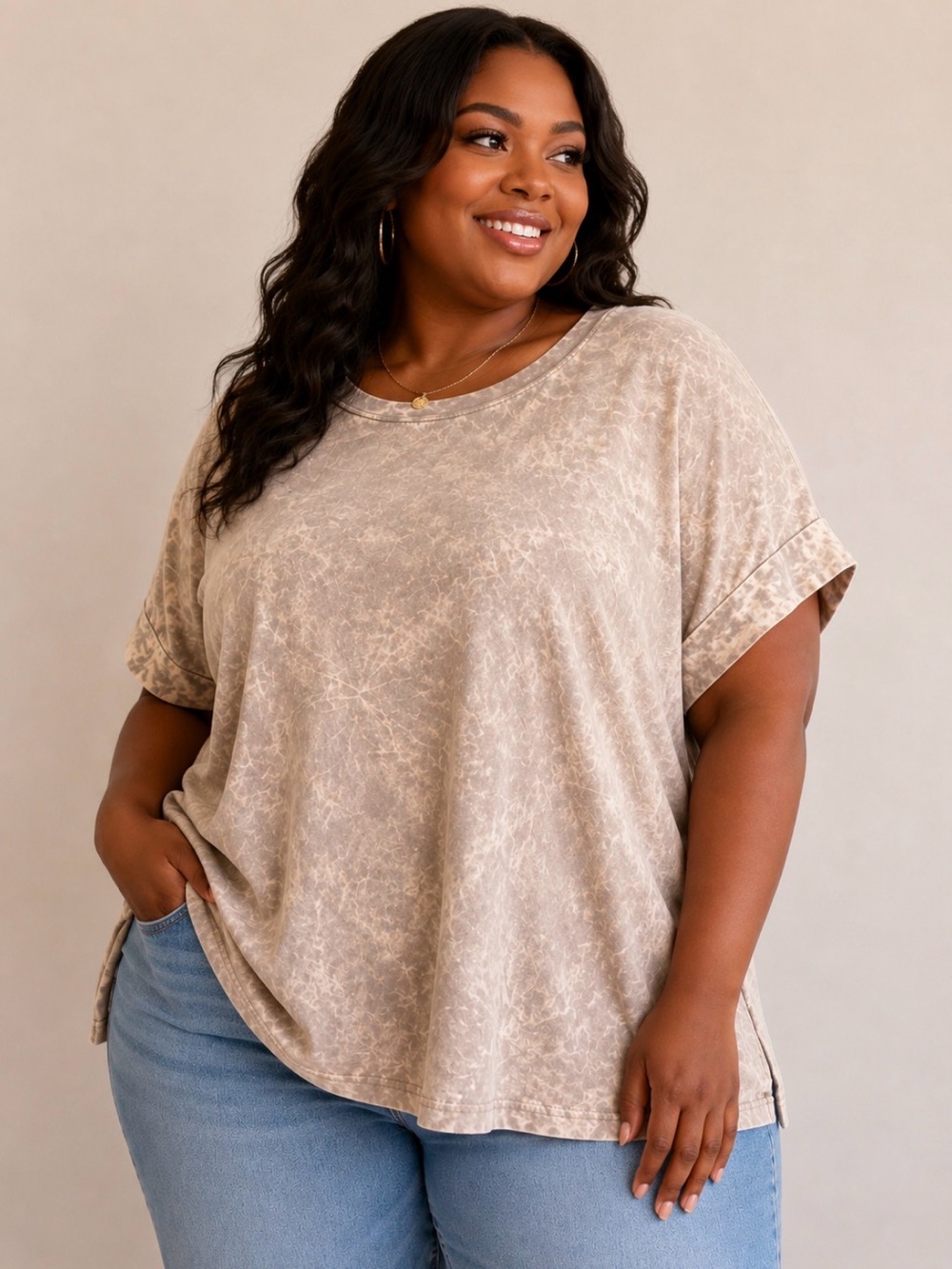 Zenana Acid Wash Cotton Boyfriend Tee 1X Taupe True Size NWT
